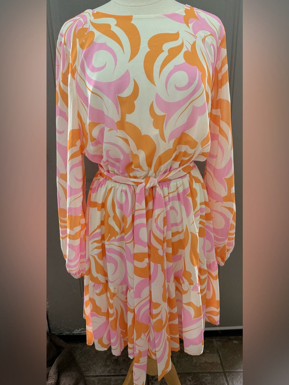 Flying Tomato Pink and Orange Swirl Belted Long Sleeve Dress